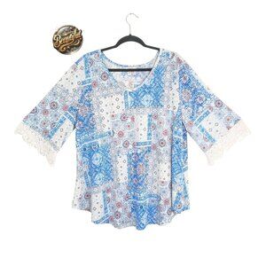 Stem & Vine Women’s Boho Patchwork Top 2X Blue Lace Bell Sleeve Bohemian Print💎